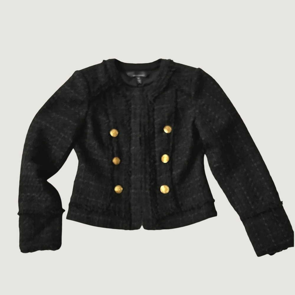White House Black Market Tweed Jacket Black Gold Button Fringe Cropped Size 00